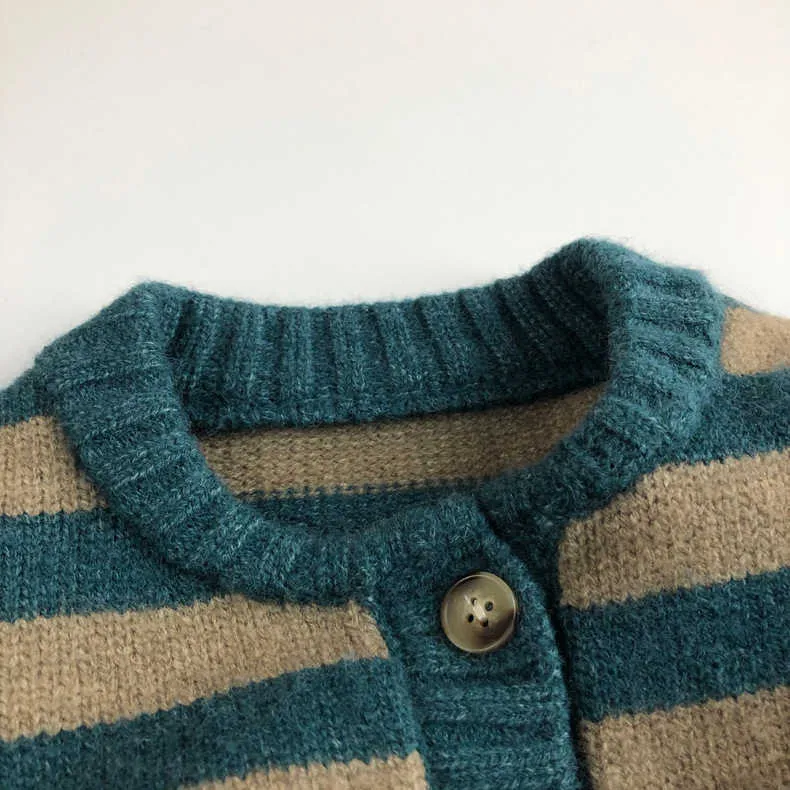 Herfst en Winter Peuter Trui Kinderen Pullover Single-Breasted Blue Round Neck Striped Cotton Cardigan 210701