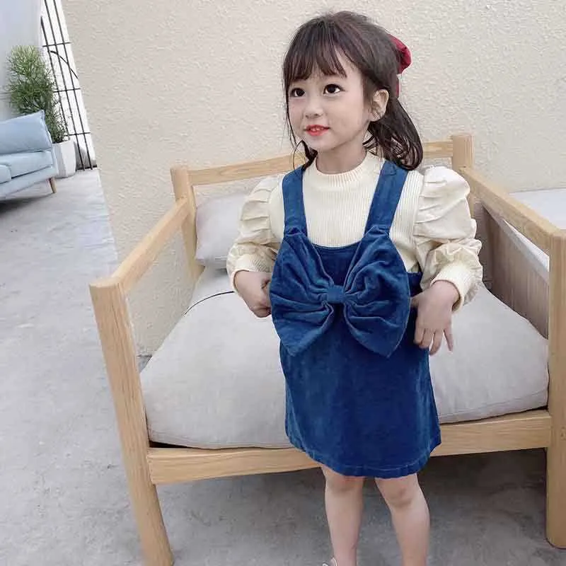 Dziewczyny Rękaw Puff Rękaw Dzianina Jesień Moda Dla Dzieci Japońskie i Koreańskie Słodkie Długie Topy 2-7 lat Odzież dziecięca 210625