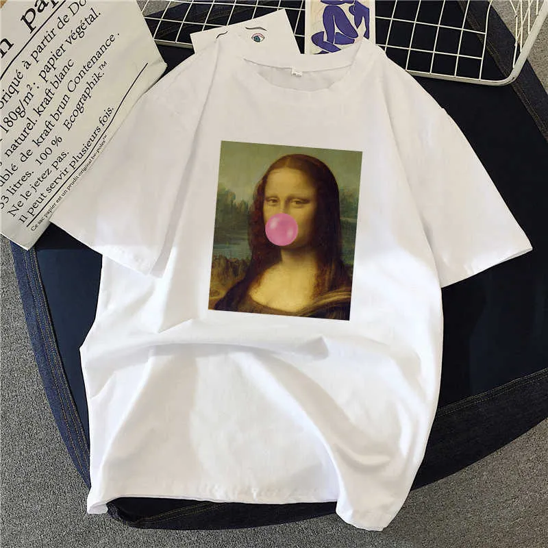 Mona Lisa Pintura Mulheres camisetas Pintura A óleo Artística Harajuku Aesthetic Ulzzang Oversized Camisetas Coreano Roupa X0527