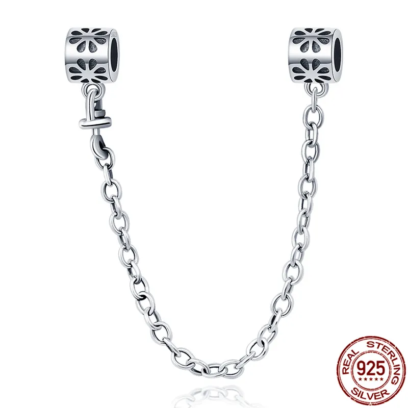 Neue 100 % 925 Sterling Silber Blume Sicherheitskette Charms Perle für Pandora Armband Anhänger Frau Mode Edlen Schmuck