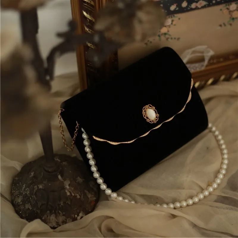 Clutch Bag Damen Schwarz Retro Samt für Hochzeit Geldbörse und Handtasche Elegante Perlenkette Party Kleine Umhängetasche ZD1957