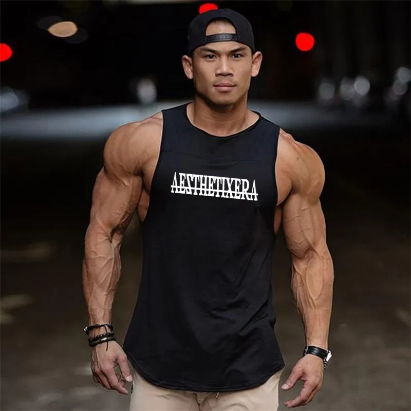 Sommar nyaste varumärke mens krökt ben patchwork gym strängare väst bodybuilding kläder fitness man tank toppar 210421