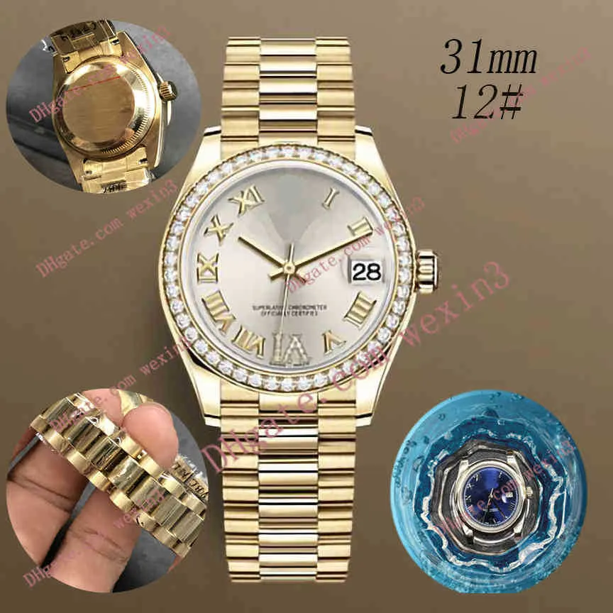 Woman diamond watch Ladies watches Six clock Roman numerals 31mm mussel dial presidential band montre de luxe 2813 Automatic swimm215h