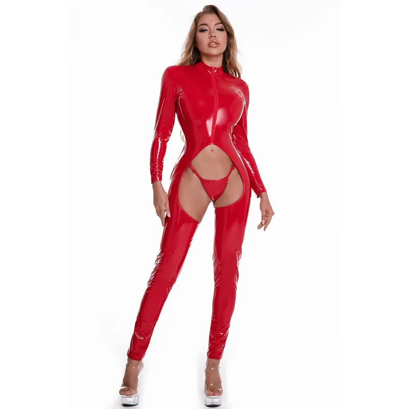 Catsuit Disfraces Mujeres Sexy Faux Leather Entrepierna abierta Mono Bodycon Catsuit Cremallera PVC Latex Stretch Body Erótico Fetiche Lencería Clubw