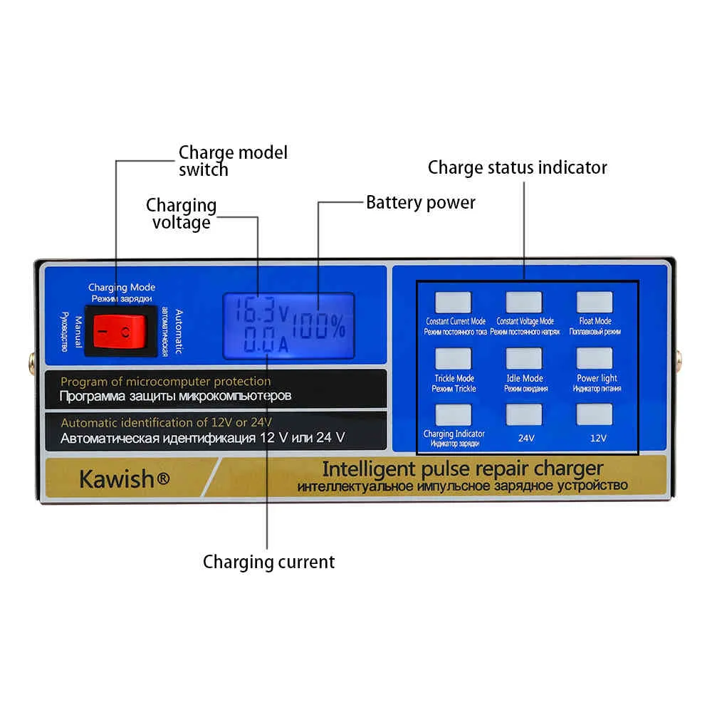 KW2C NEW !!フルオートカーインテリジェントパルス修理バッテリー12V / 24Vトラックオートバイチャージャー140V / 220V