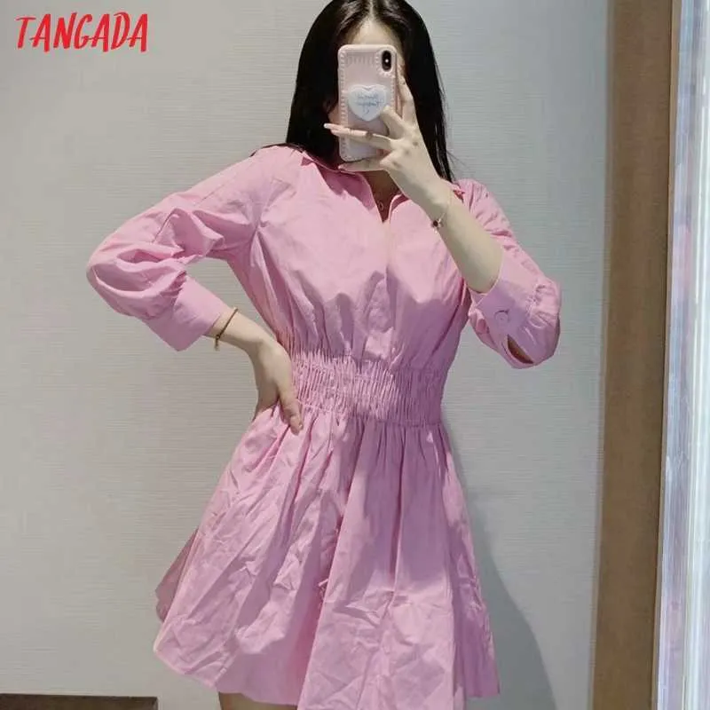 Tangada mode femmes rose chemise robe Strethy taille Vintage à manches longues bureau dames Mini robe 3H439 210609