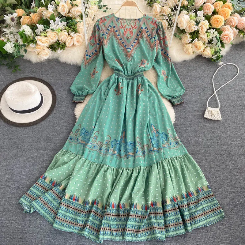 Spring Autumn Women's Dress European Style V-neck Contrasting Color Print Waist Slim Long Sleeve es GX701 210507