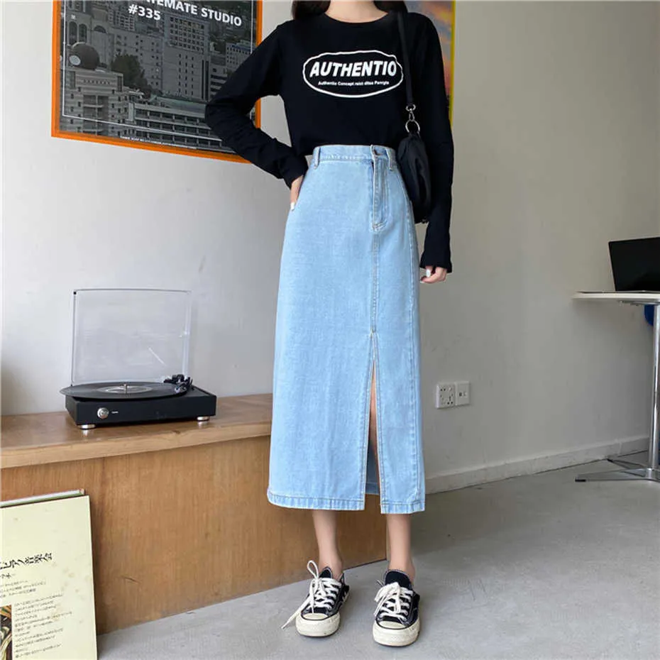 Chic hajuku jeans kjol kvinna höst split sexig denim femme hög midja lång s vintage sida dragkedja Saia 210601