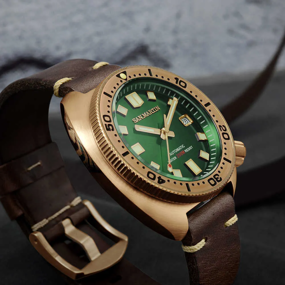 San martin abalone bronze mergulhador relógios masculino relógio mecânico luminoso resistente à água 200m pulseira de couro elegante relojes 2107282789