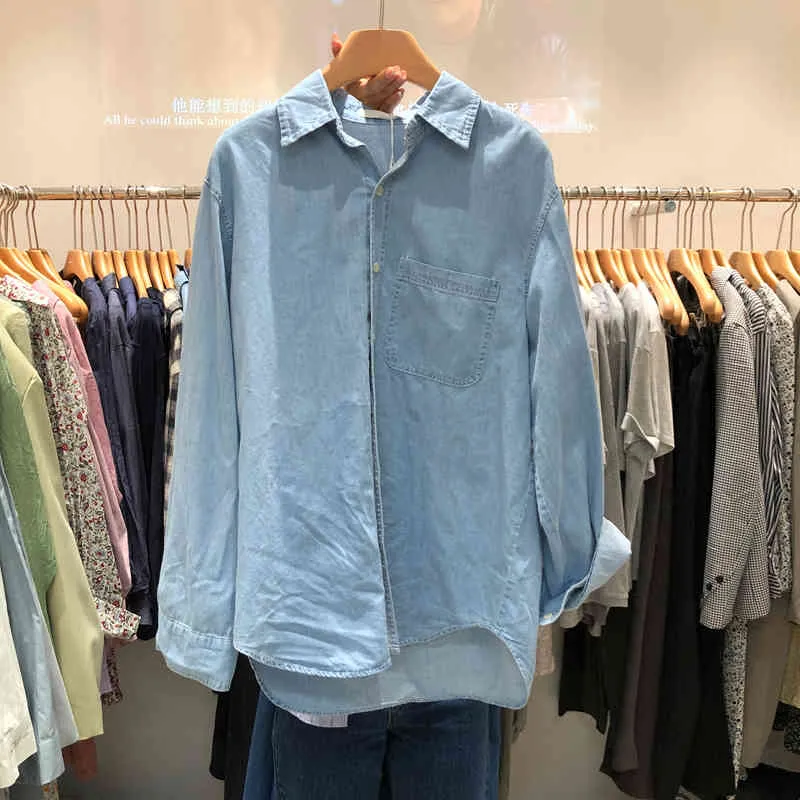 Spring Simple Lmitation Denim Blouse Womens Buttoned Shirts Soft All Match Blusas Mujer Long Sleeve Ladies Tops 210514