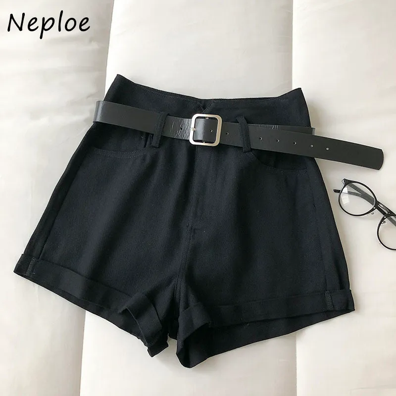 NEPLOE High Waist Hip Proste Szorty Feminino Letnie Cukierki Kolor Causal Spodenki Kobiet Kieszonkowy Luźny Z Sashes 210510