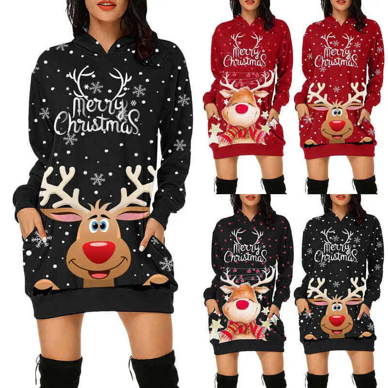 Noel Kadın Elbise Tişörtü Hoodie Çanta Kalça Cep Baskı Uzun Kollu Festivali Giyim Robe Femme Kapşonlu Kadın Elbise Y1204