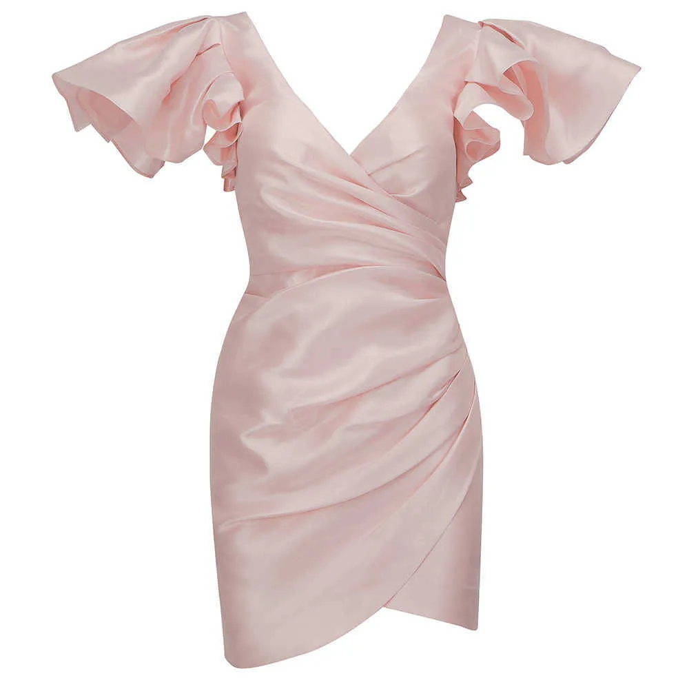Mode couleur unie Sexy col en v à manches courtes Mini robe corset à volants fête des femmes robe de noël 210525