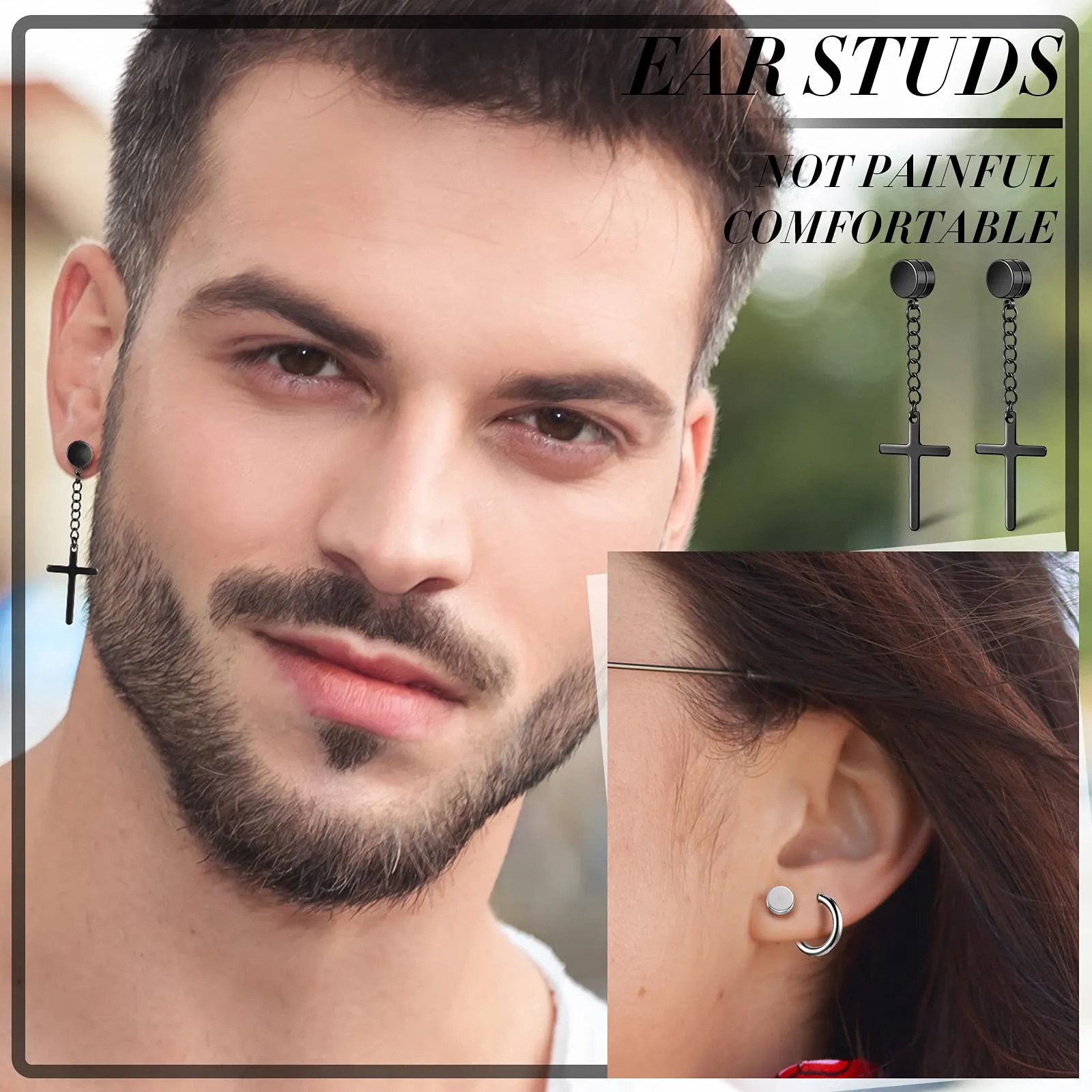 10 pares unissex homens de aço inoxidável não-piercing brincos magnéticos cruz balançar brincos de argola cz ímã clipe no brinco set303l