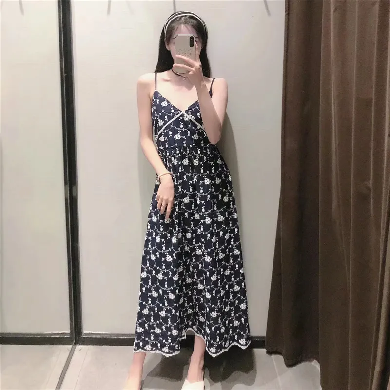 Sukienka Kobiety Floral Haft Slip Long Es Kobieta Lato Strappy Backless Midi Sexy Eleganckie ES 210519