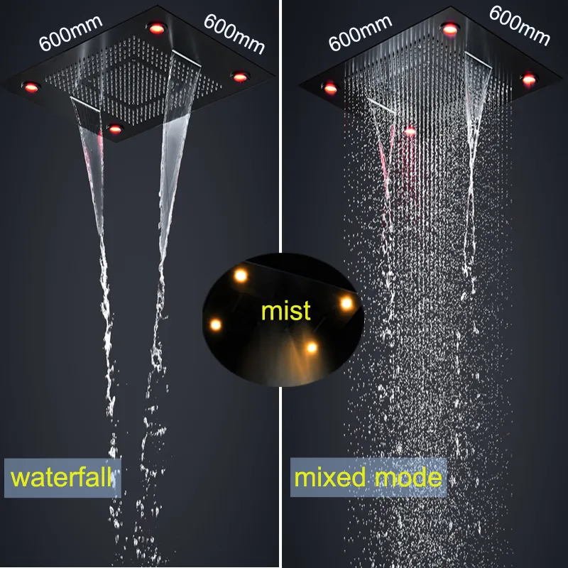 24-дюймовый потолок большой светодиодный дождь водопад туман душевые панели термостатические 5 функций смеситель набор матовой черной поверхности