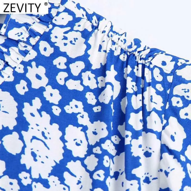 Zevity Women Vintage Blue Floral Print Casual A Line Midi Dress Female Agaric Lace Chic Short Sleeve Kimono Vestidos DS8377 210603