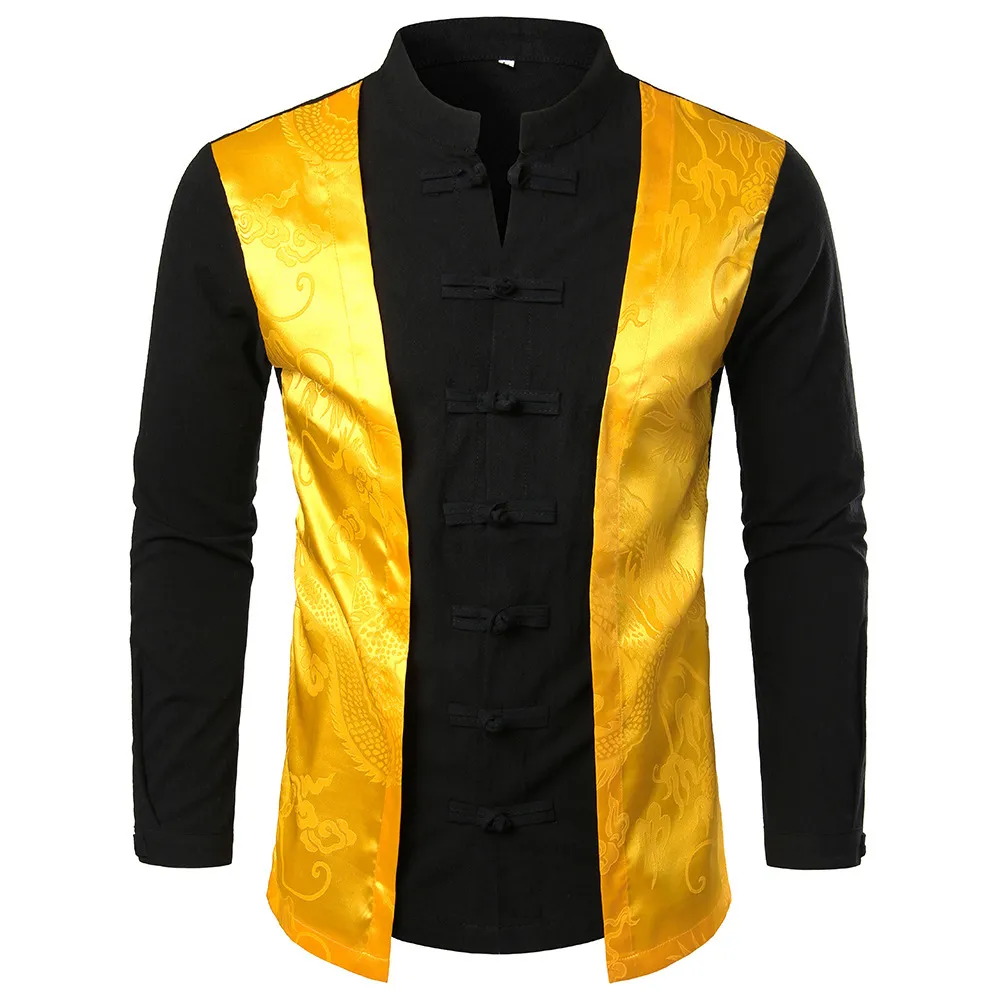 Złoty Dragon Wzór Drukowane Linny Mężczyzna Koszula Hit Kolor Patchwork Mężczyźni Z Długim Rękawem Koszula Moda Fałszywy Dwa Kawałki Koszula dla mężczyzn 5xl 210524  t