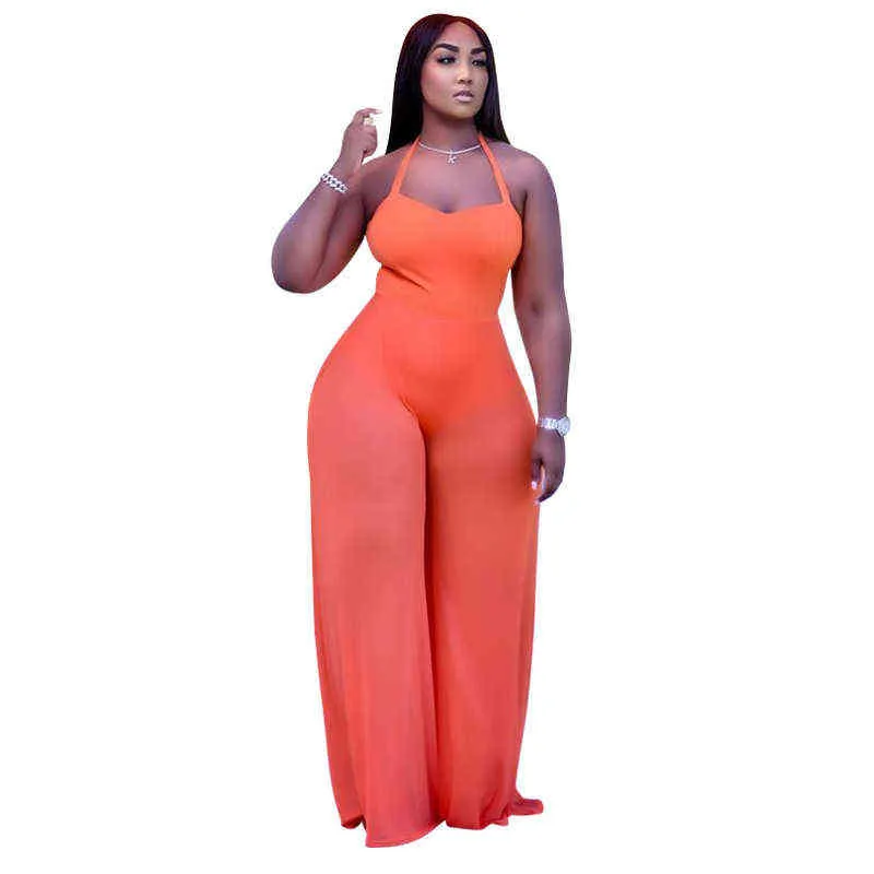 Women Mesh See Though Straight Jumpsuit Sexy Plus Size Halter Neck Sleeveless Romper Overall Romper Outfit 211116