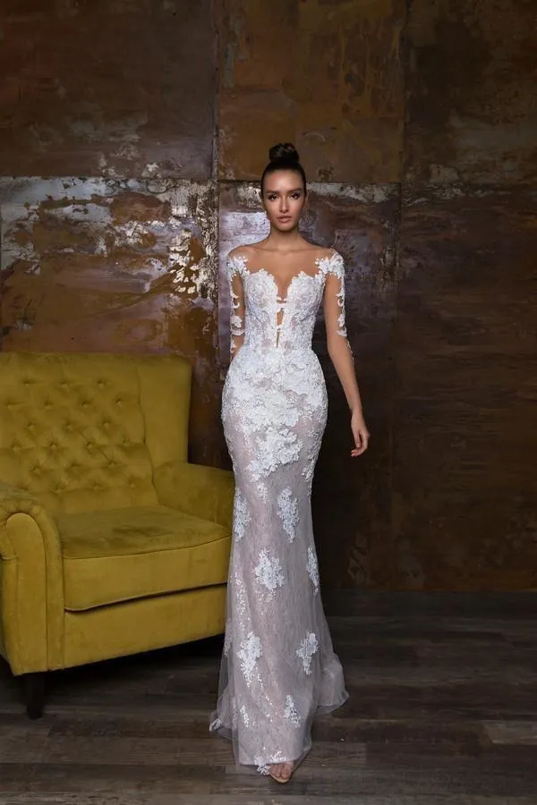2022 Suknie ślubne syreny z odłączonym pociągiem długie rękawy koronkowe stosowane sukienki ślubne iluzja wiejska sukienka ślubna