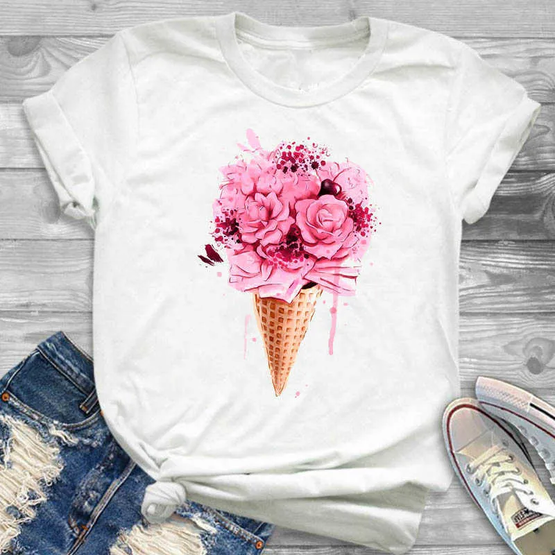 Женщины рубашка дамы женское цветение мороженое 4xl плюс размер т женщин мода футболка графический с коротким рукавом лето напечатана топ футболка x0527