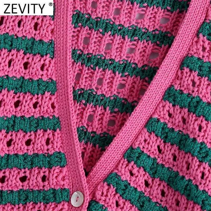 Zevity Women Fashion V Neck Color Matching Striped Print Hollow Out Crochet Knitted Sweater Female Chic Cardigans Tops SW801 211018