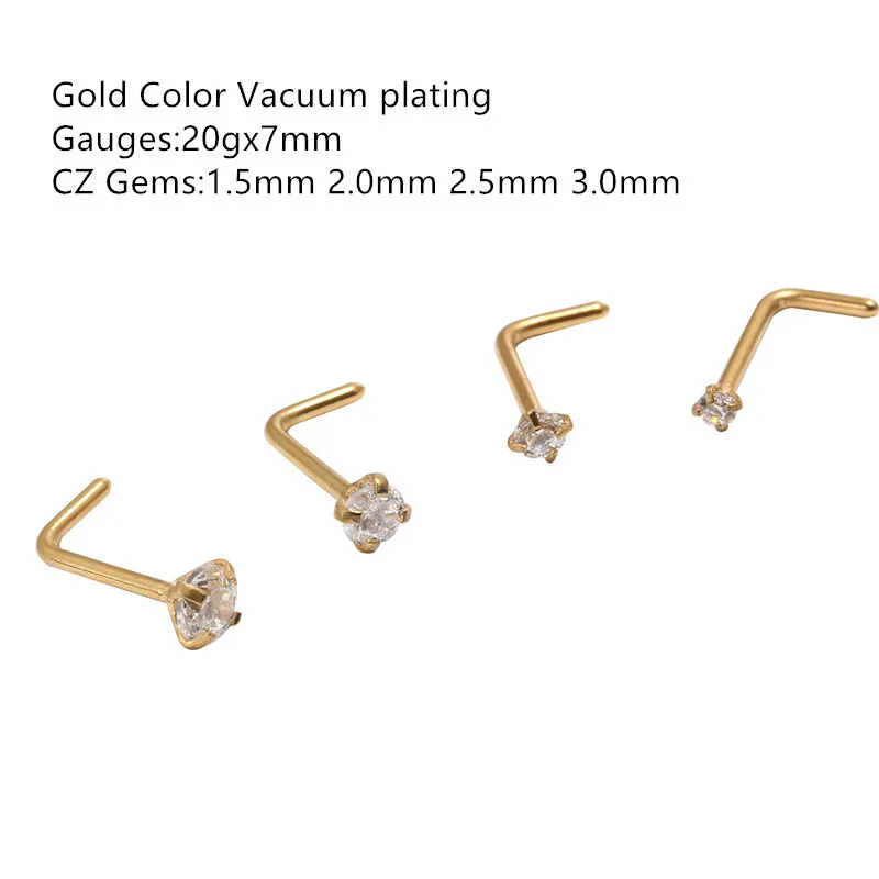 20G couleur or CZ goujon vis acier chirurgical nez anneau corps Piercing 1.5mm 2mm 2.5mm 3mm L forme brillance