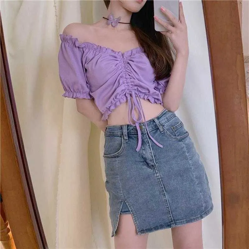Summer Sweet Puff Sleeve Chiffon Blouse Women Short Ruffles Designer Casual Party Tops Female Solid Sexy Beach Y2k Clothing 210604