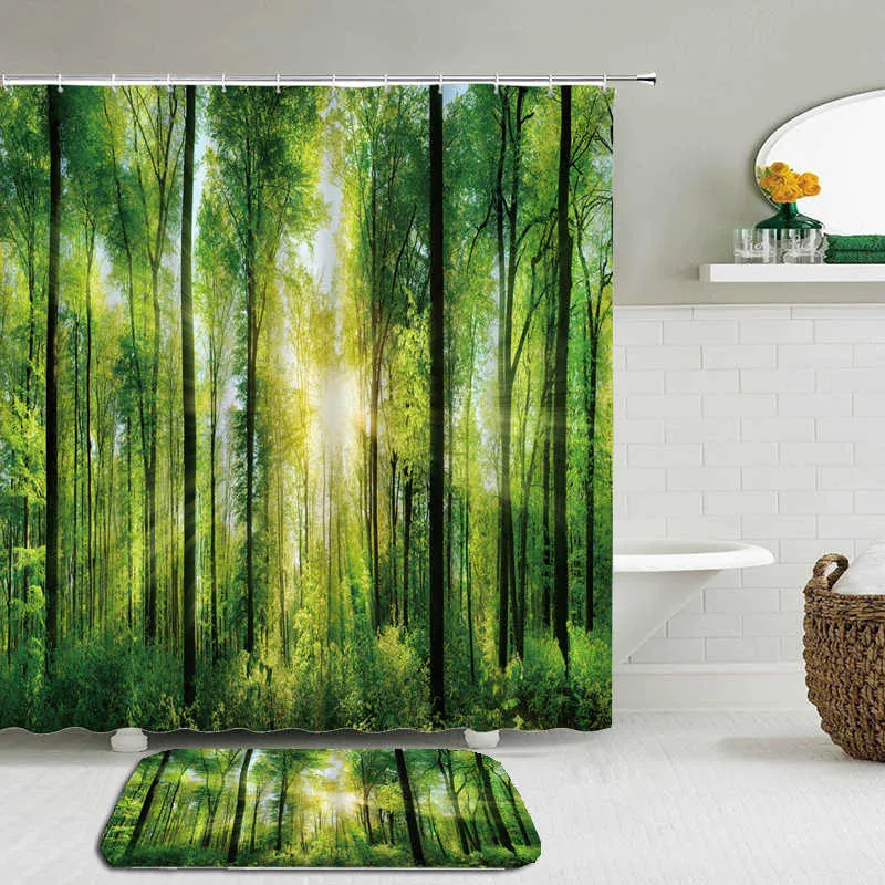 Set 3D Natural Forest Green Plants Duschgardin Set Mat Bath Curtain Waterproof Tyg Nonslip Toalett Badrum 2108309123877