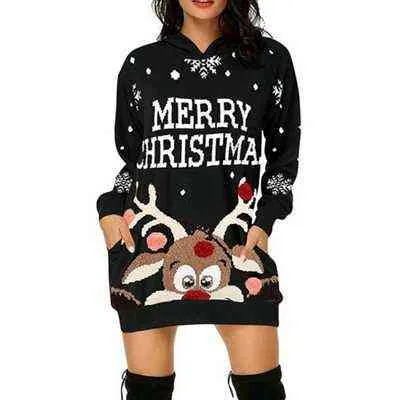 2021 Sweats à capuche imprimés de Noël Femmes Paillettes à manches longues Sweat à capuche Pulls Casual Poche Baggy Longues Robes à capuche Nouveau Y1118