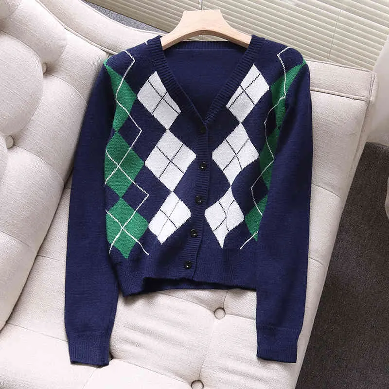 Femmes élégantes col en v bouton pull automne mode dames Plaid femme douce filles Slim Cardigans Chic 210430