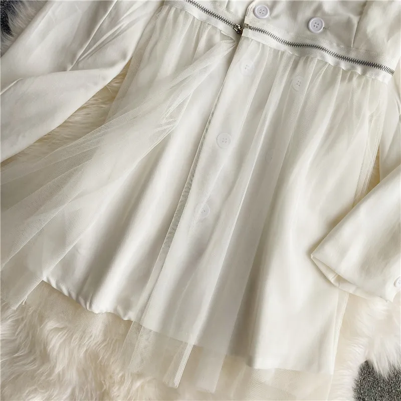 Korobov Autumn Hong Kong Style Temperament Skirt Female V-neck Mesh Stitching Suit Dress Goddess Fan Waist and Thin A-line Skirt 210430