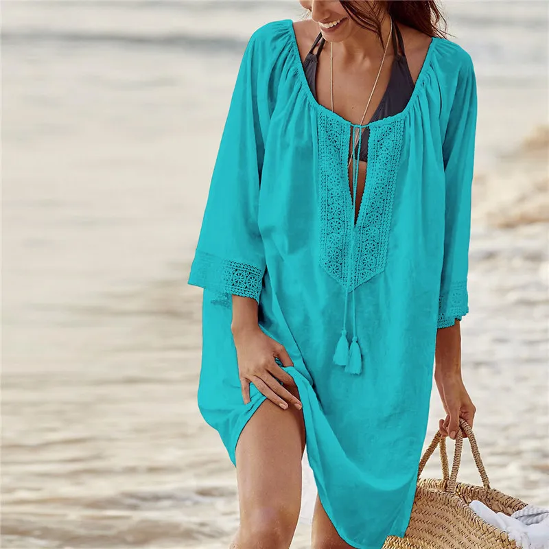 Frauen Badeanzug Cover Ups Sexy Kaftan Strand Tunika Kleid Sommer Robe de Plage Solide Baumwolle Pareo Up # Q363 210420