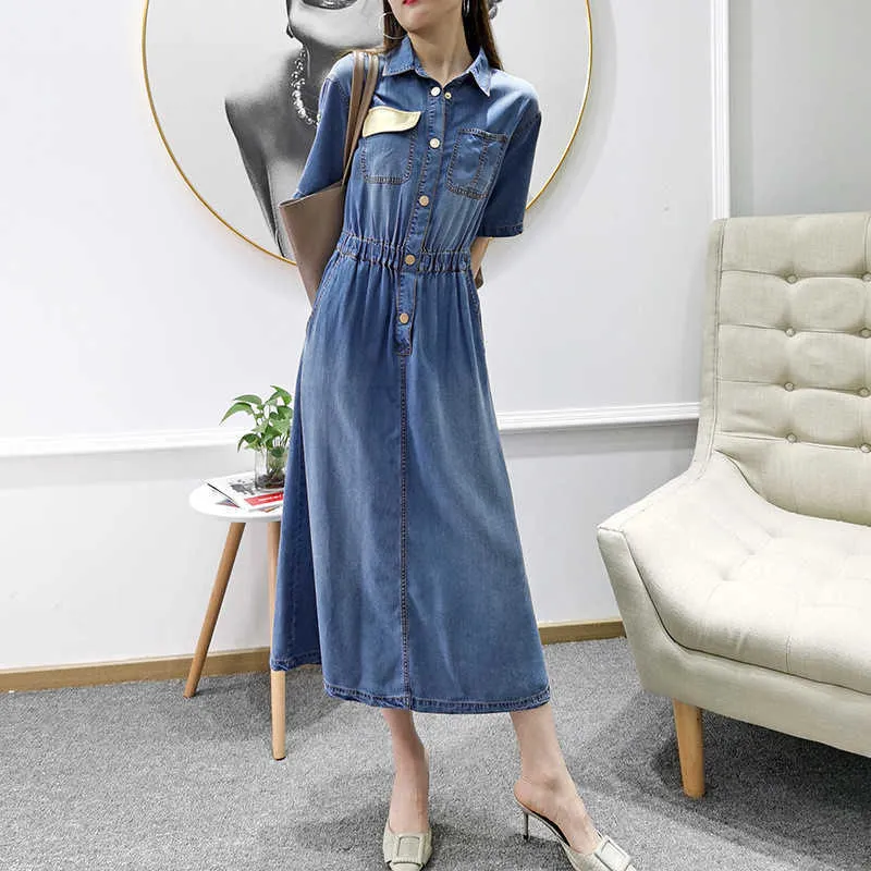 Fashion Summer Streetwear Women Trend Short Sleeve Elastic Waist Blue Soft Lyocell Denim Dress Casual Robe Femme 210601