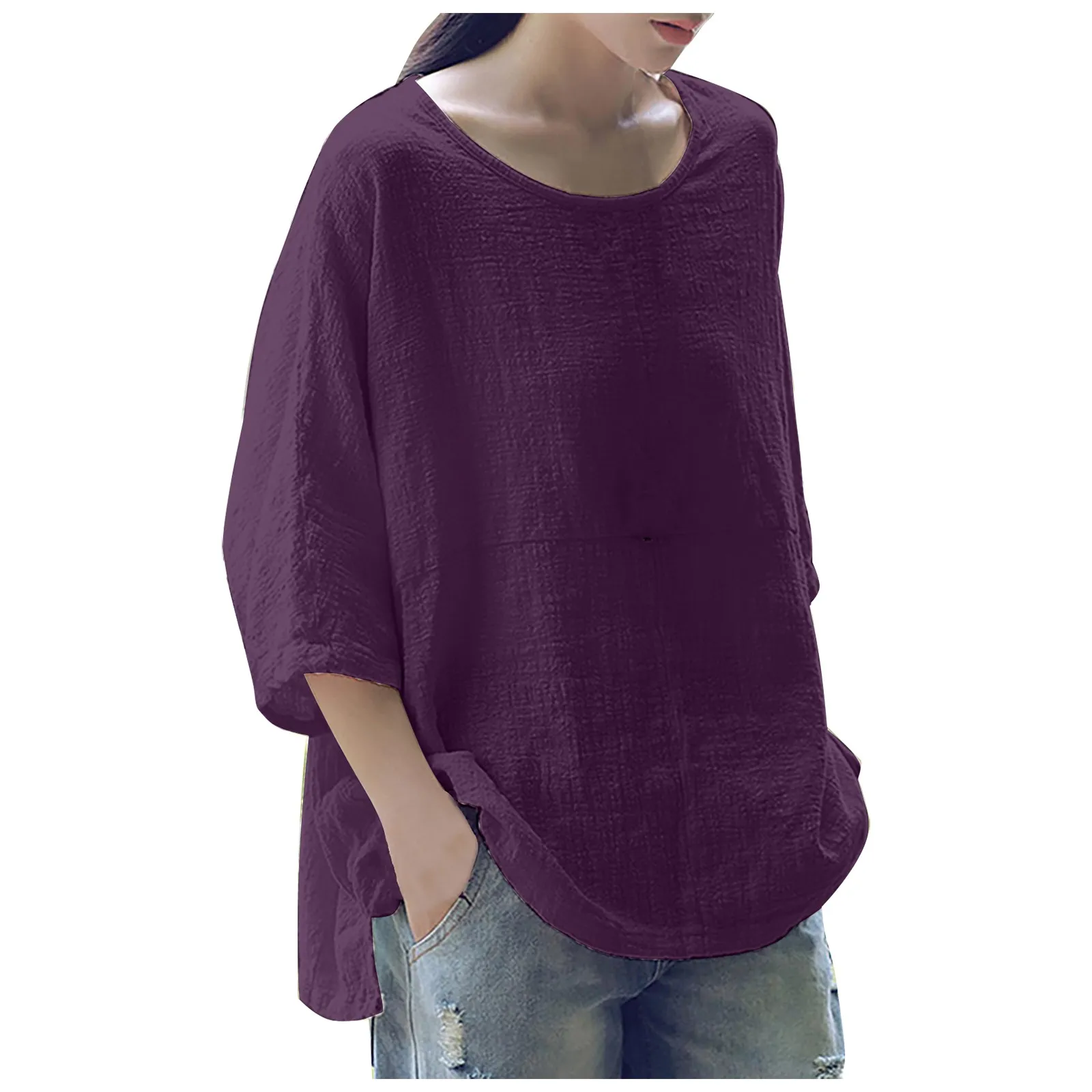 Designs t-shirt frauen Womens Casual Einfarbig Lose Baumwolle Leinen Medium Sleeve Große Sizecamisetas de mujer