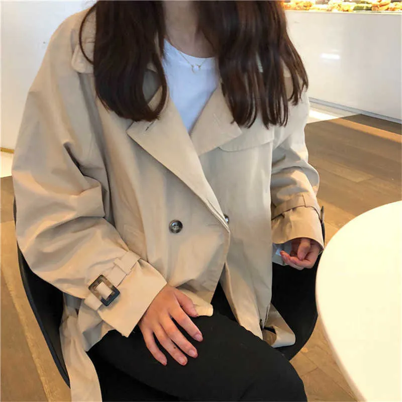 Aelegantmis корейский стиль женский короткий тренч модная свободная укороченная ветровка цвета хаки пальто с поясом женские пальто 210607