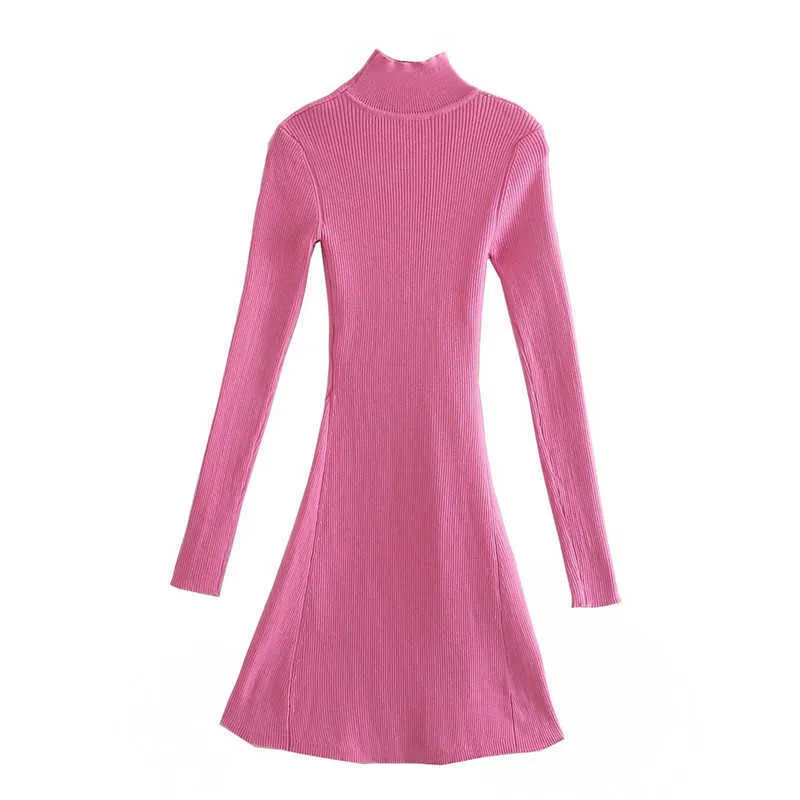 Za różowa dzianina sukienka kobiety elegancki golf z długim rękawem mini wiosna sukienki kobieta moda przedni szczeliny rocznika sweter sukienka 210602