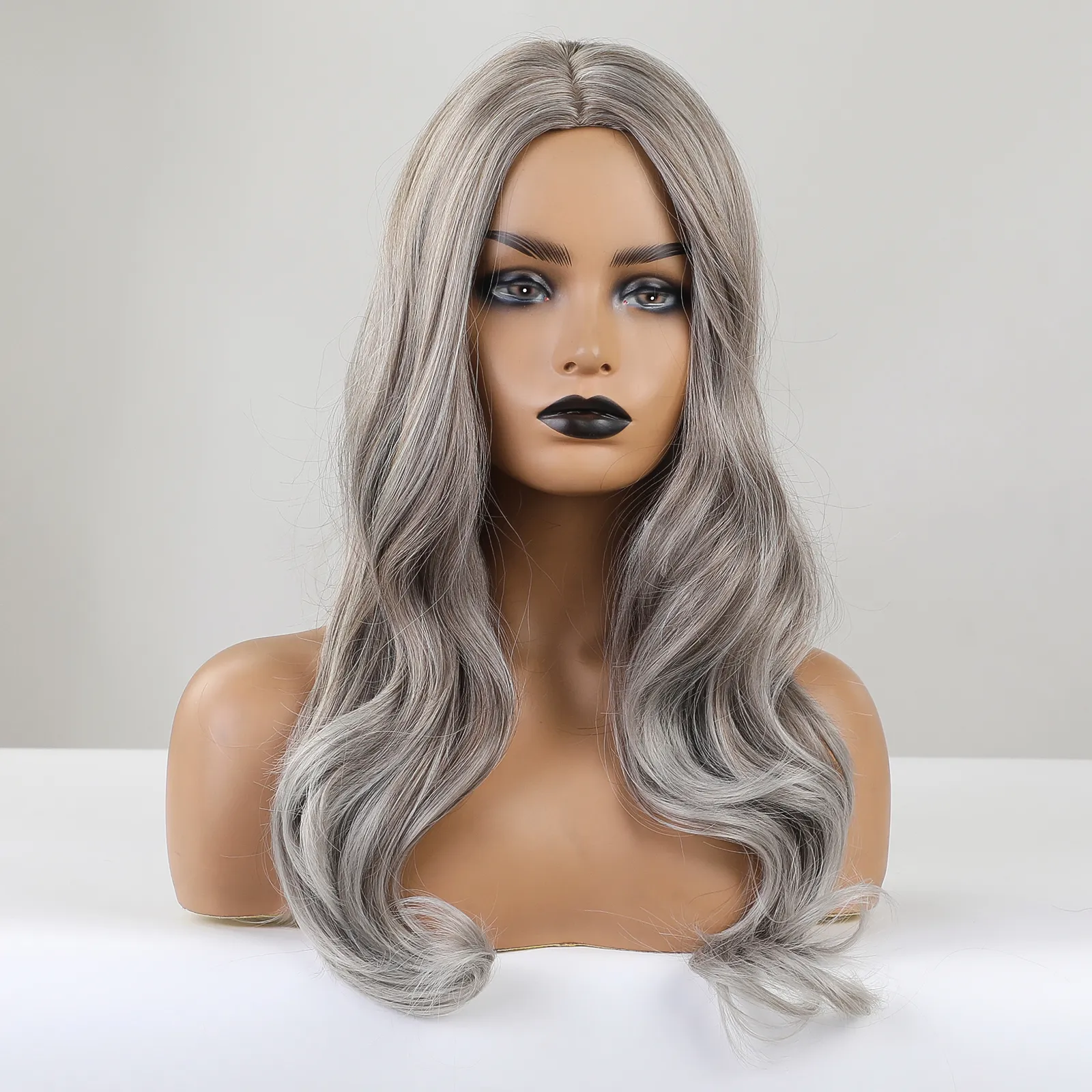 Long Wavy Gray Synthetic Wigs for Women Middle Part Curly Wave Cosplay Party Daily Use Wig Natural Heat Resistant Fiber Hairfactory direct
