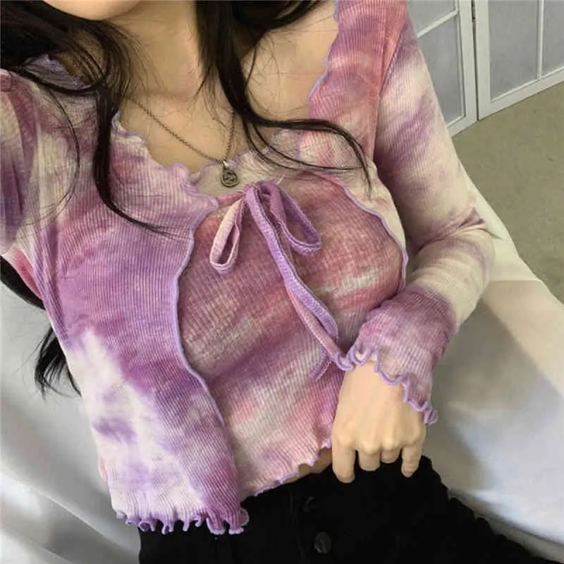 Z Długim Rękawem Kobiet Top Lato Tie Dye Bluzka Kobiety Sexy V-Neck Casual Lace Up Lady's Bluzka + Camis Chemisier FEMME 10372 210427