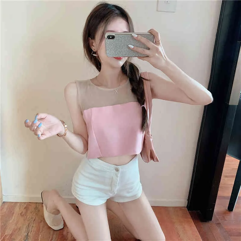여름 세련된 한국어 넥 민소매 백리스 나비 메쉬 티셔츠 여성 패치 워크 패션 섹시한 자르기 탑스 밖으로 달콤한 우아한 210429