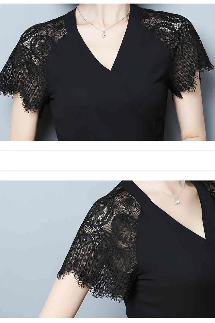 Плюс размер блузка женщины с коротким рукавом кружева шифоновые рубашки V-образным вырезом офисные дамы вершины твердые черные 4950 50 210506