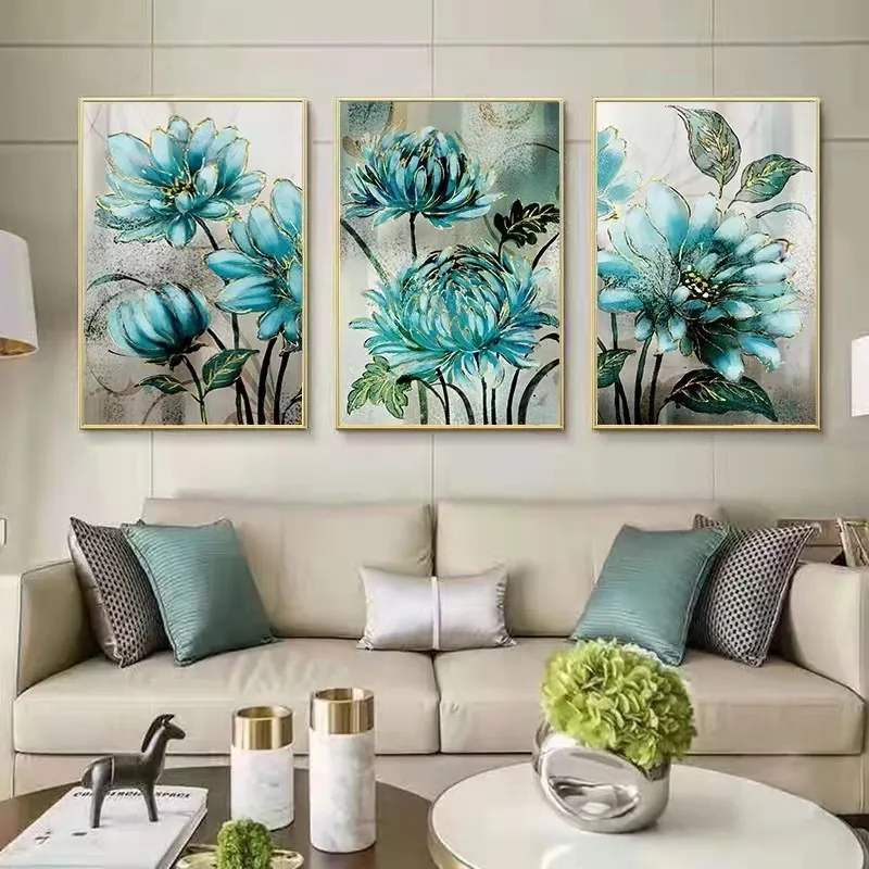 Pinturas de flores nórdicas estampados de arte de pared azules pequeñas y frescas para sala de estar, decoración minimalista del hogar moderno