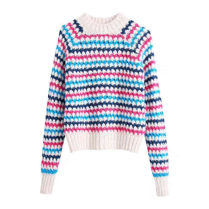 Evfer Chic Lady Fashion Colors Striped Print Knitted Short Pullover Autumn Winter Womens Za O-Neck Long Sleeve Casual Sweaters Y1110