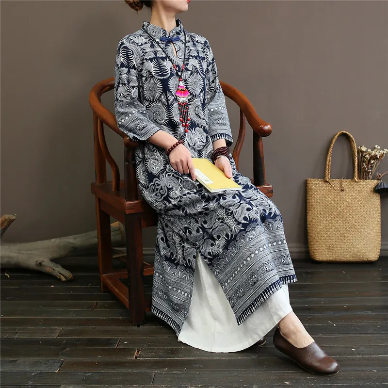 Johnature femmes robe Vintage support à manches longues bleu et blanc porcelaine Style chinois Cheongsam coton lin femmes robe 210521
