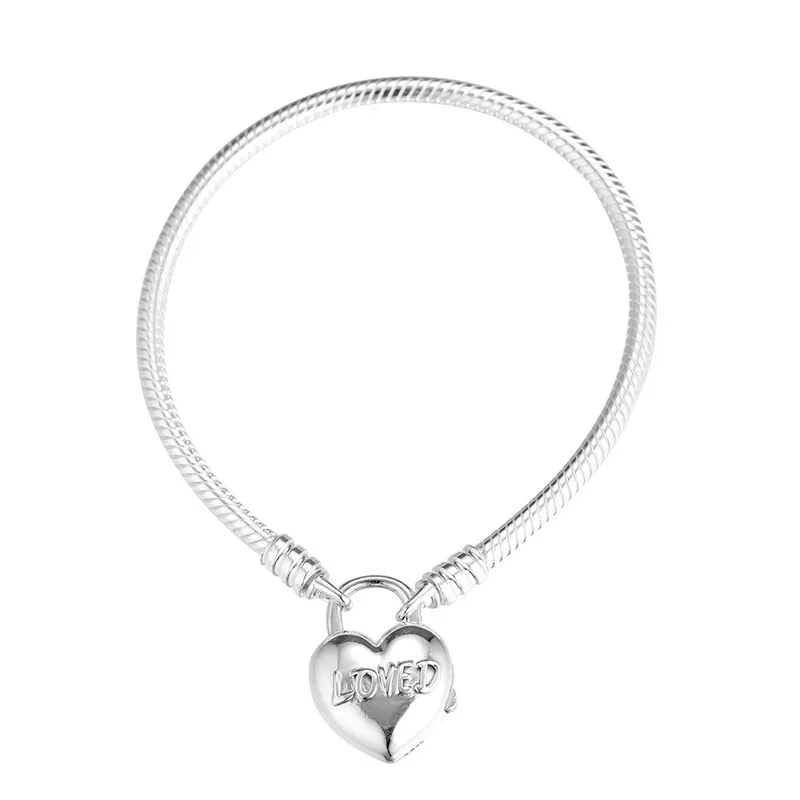 Original 925 Sterling Silver Women Jewellery Moment Smooth Snake Chain Charms Bracciali Loved Heart Lock Regali fai da te
