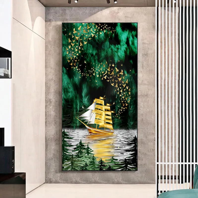Pintura de entrada verde, imágenes artísticas de pared de pájaro y barco dorado para sala de estar, decoración del hogar, carteles de plantas tropicales, impresiones en lienzo