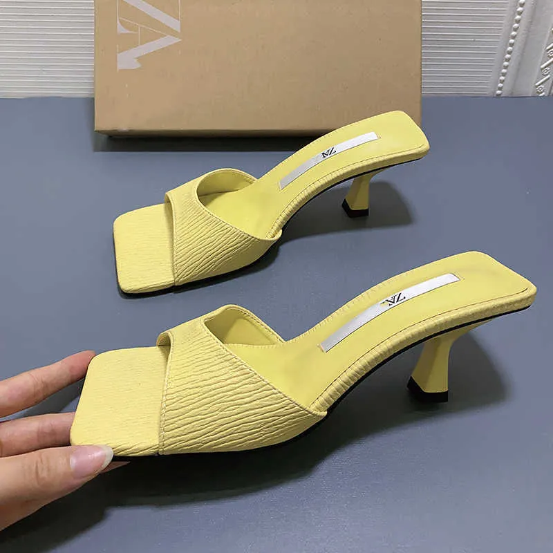 ZAR 2021 Summer Women Sandals Femme Fashion Square Toe High Heels Sexy Outer Wear Yellow Slippers Women Sandalias De Mujer Y0721