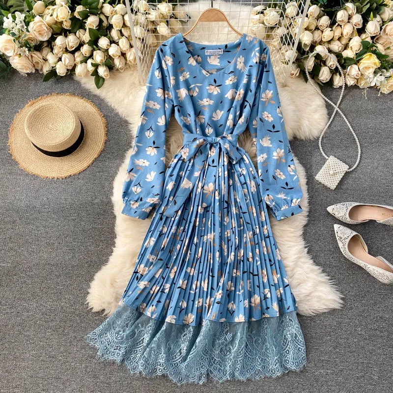 SINGREINY Women Design Floral Dress French Puff Sleeve O Neck A-line Dresses Autumn Bohemian Print Splice Lace Midi Long Dress 210419