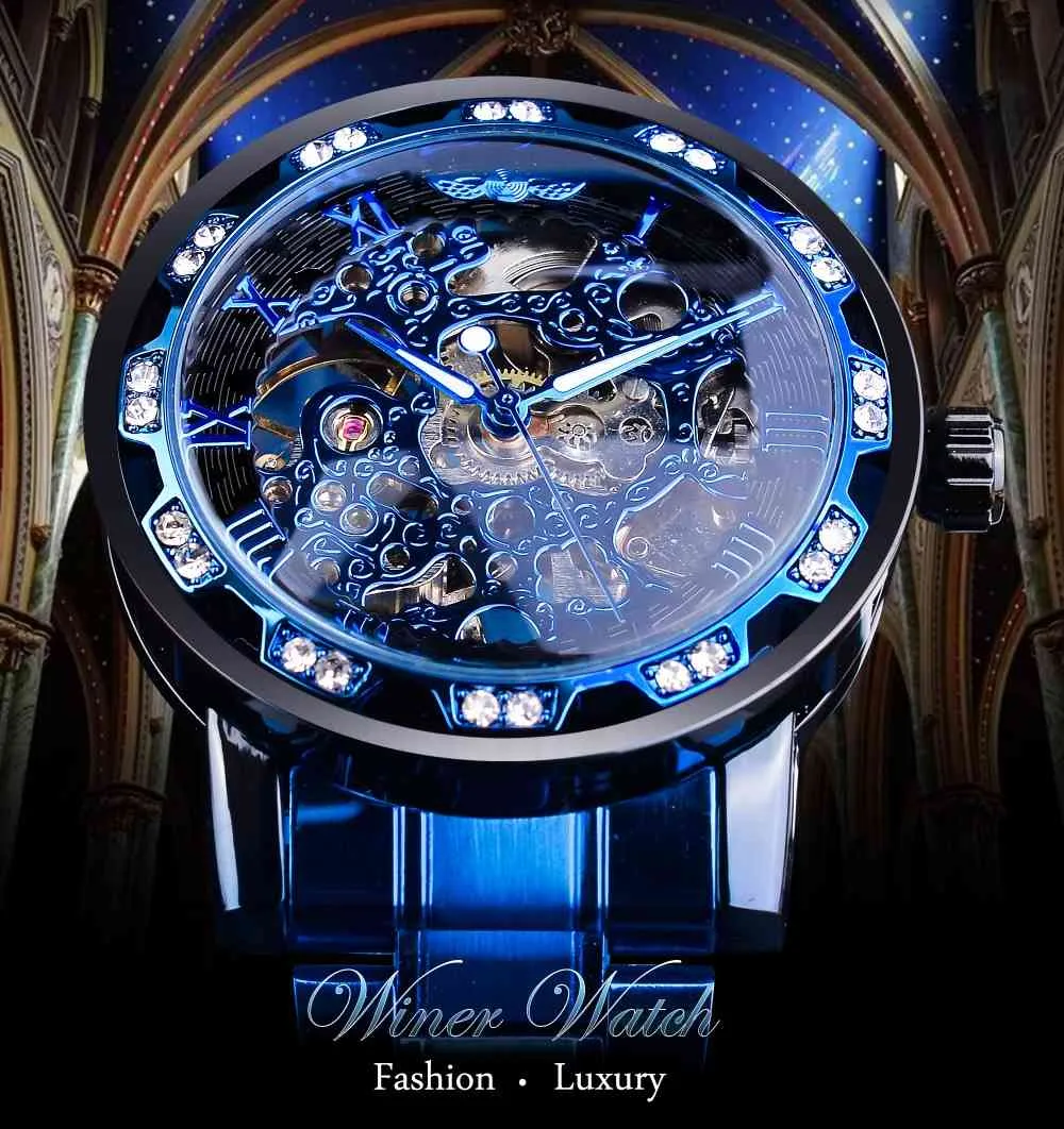 Vinnare Transparent Diamond Mechanical Watch Blå Rostfritt Stål Skelett Klocka Klockor Märke Lyx Business Luminous Male Clock
