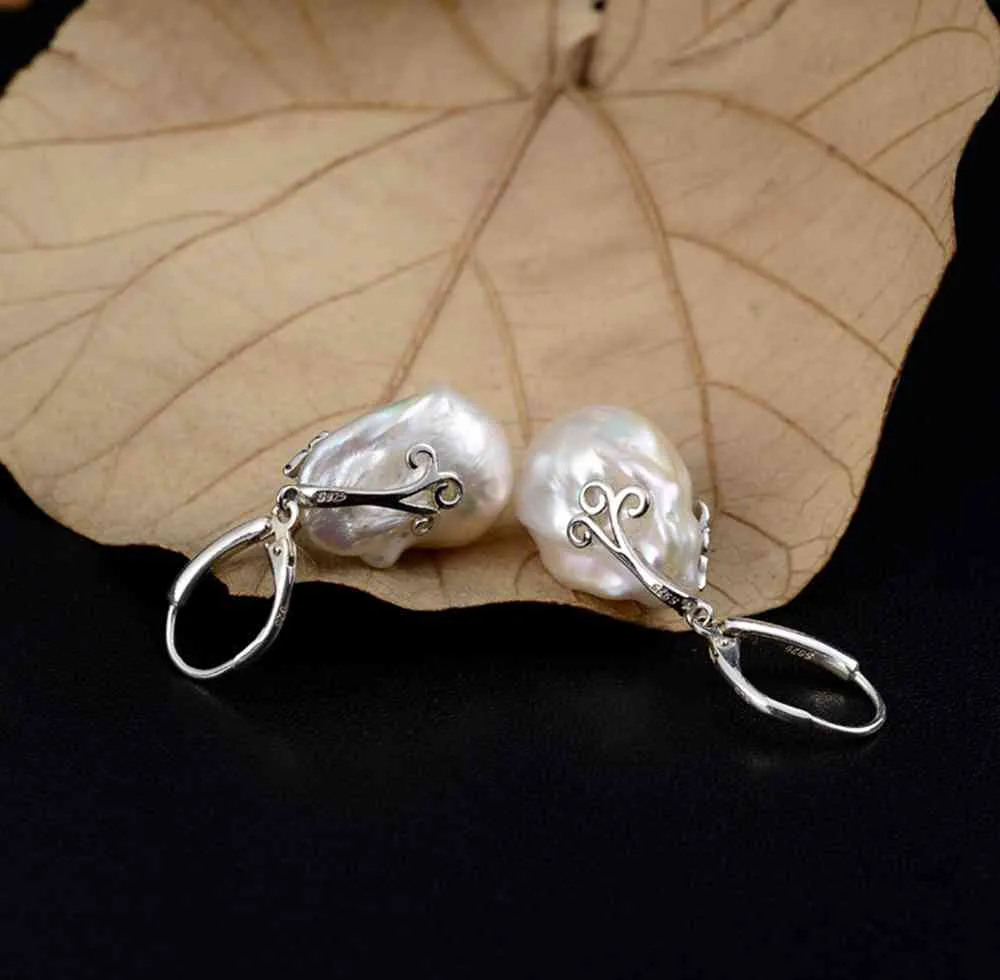 Boucles d'oreilles pendantes en argent Sterling 925, perle d'eau douce, fleur, forme irrégulière baroque, marque de luxe, bijoux fins pour mère